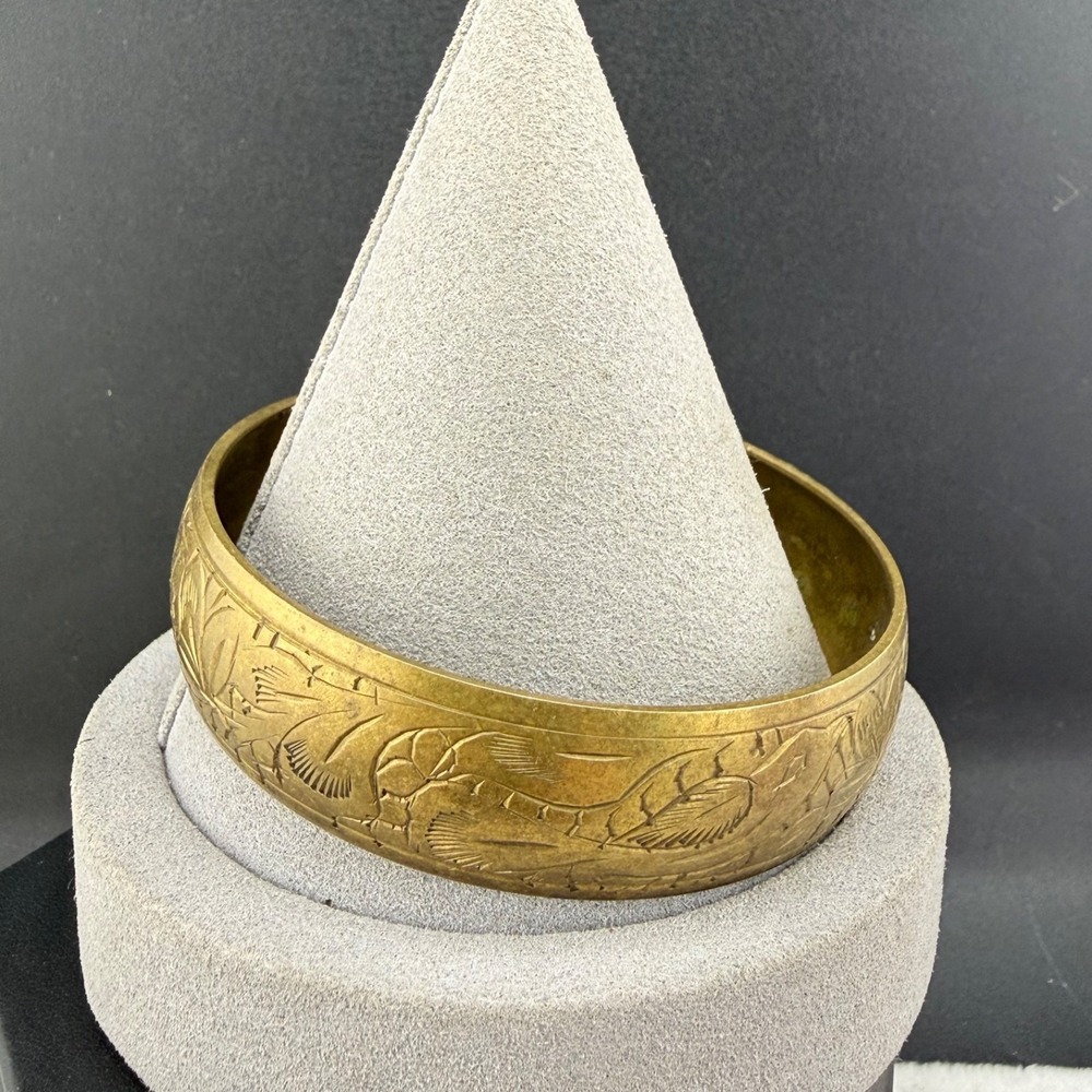 Vintage Brass Bangle Bracelet Bird Flower 8.5" - Picture 2 of 11